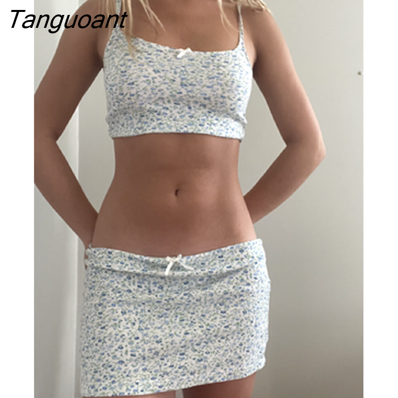 Tanguoant Flower Print 2pcs Skirt Sets Women Grunge Y2k Cute Sweet Skirt Suits Tank Tops Low Waist Ruffle Skirts 2000s Outfit