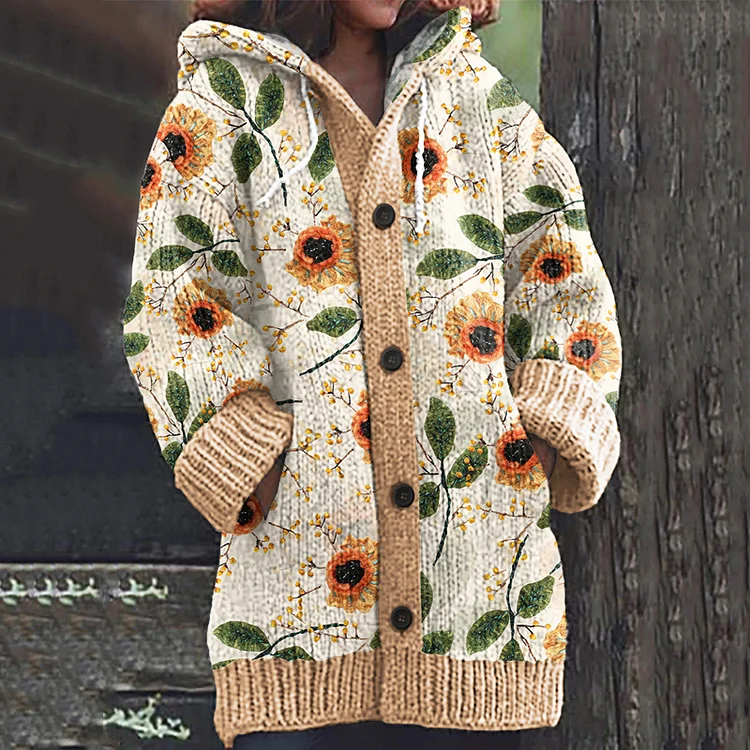 Vintage Sunflower Embroidery Art Cozy Knit Hooded Cardigan