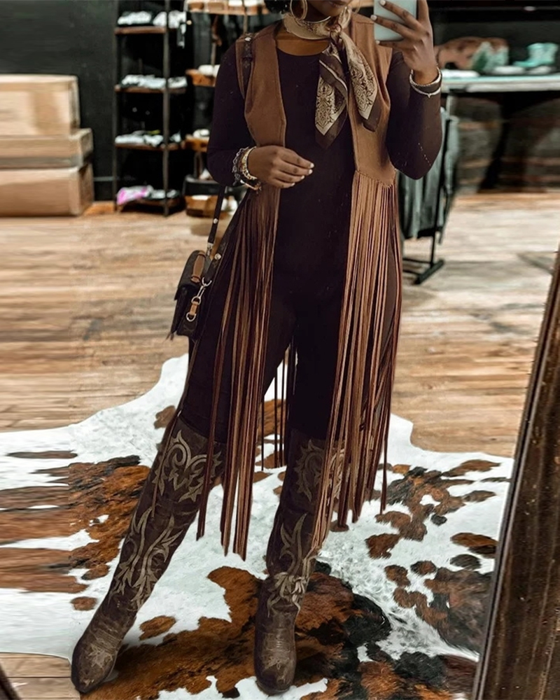 Suede Fringe Long Waistcoat