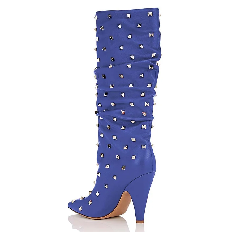 Blue Rockstud Cone Heel Mid-calf Fashion Boots Vdcoo