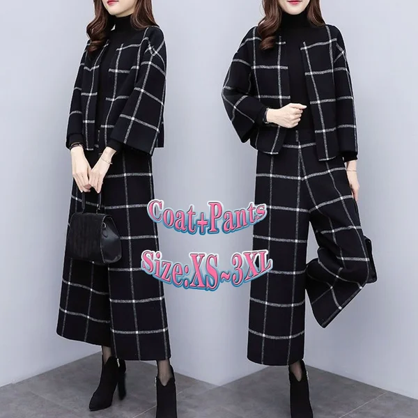 Autumn Winter Black Woolen Plaid Two Piece Sets Outfits Women Short Jacket Coat Wide Leg Pants Suits Elegant Fashion Office Sets
