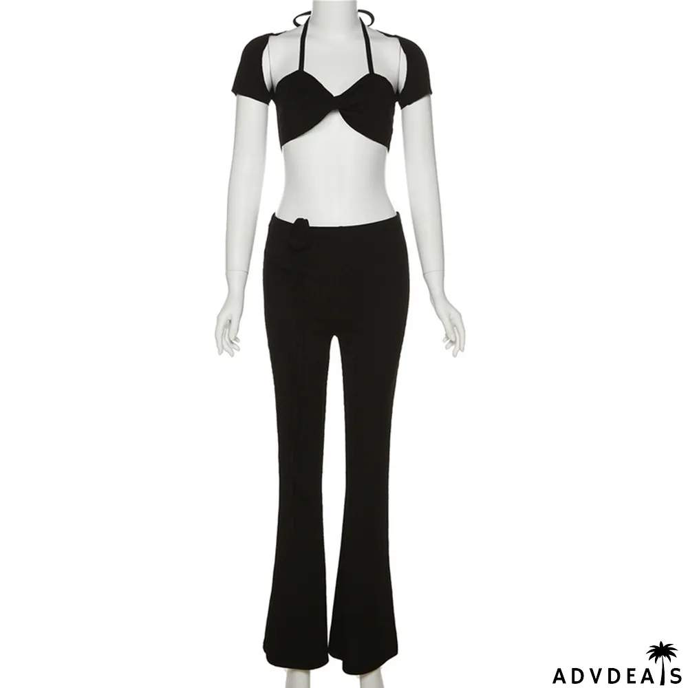 Summer Women's Fashion Halter Neck Sexy Hollow T-Shirt Slim Fit Flare Pants Women Two Piece Set
