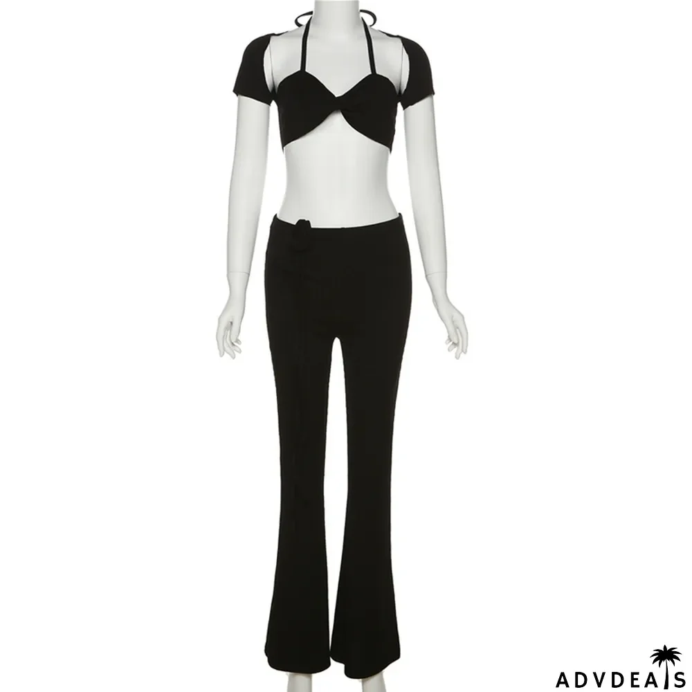 Summer Women's Fashion Halter Neck Sexy Hollow T-Shirt Slim Fit Flare Pants Women Two Piece Set