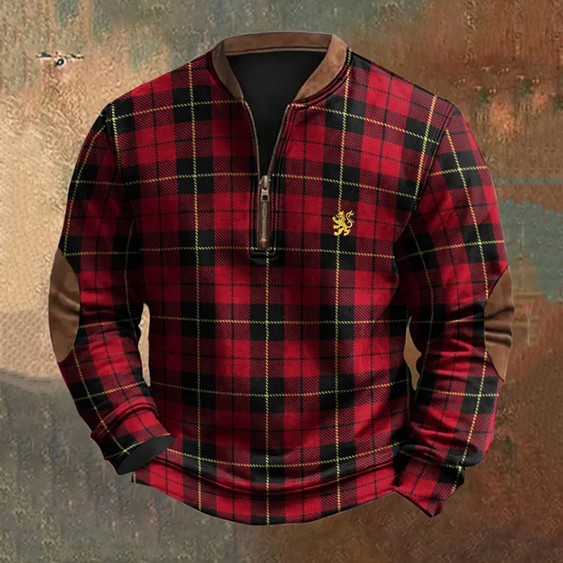 Scotland Lion Embroidered Plaid Zip Sweatshirt