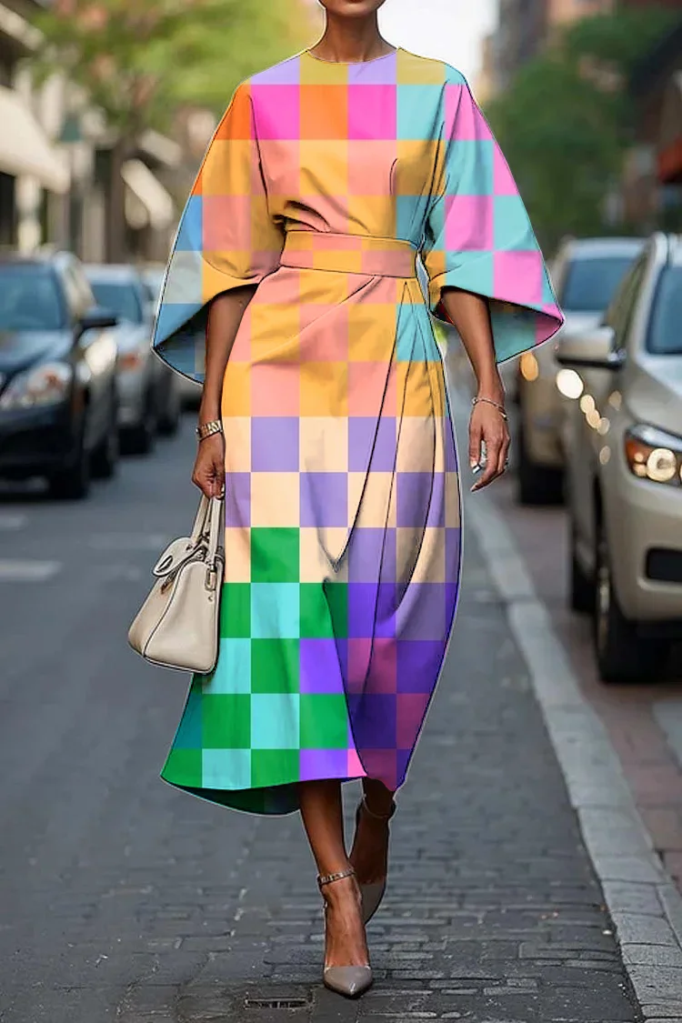 Women's Elegant Colorful Plaid Art Print Midi Dress