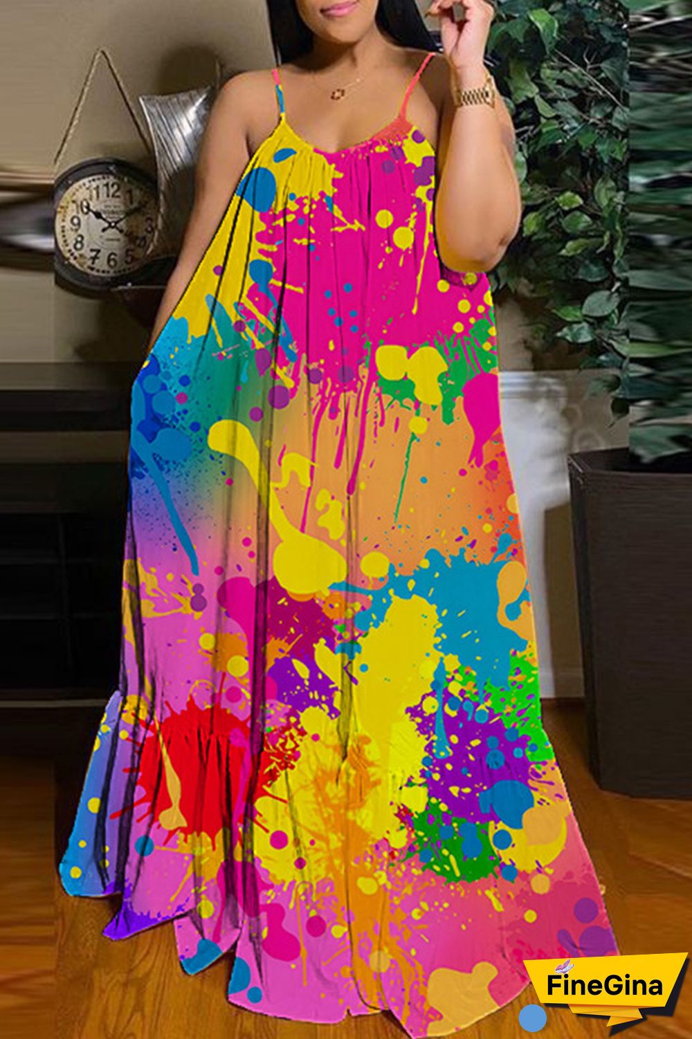 Purple Sexy Casual Print Backless Spaghetti Strap Long Dress Dresses