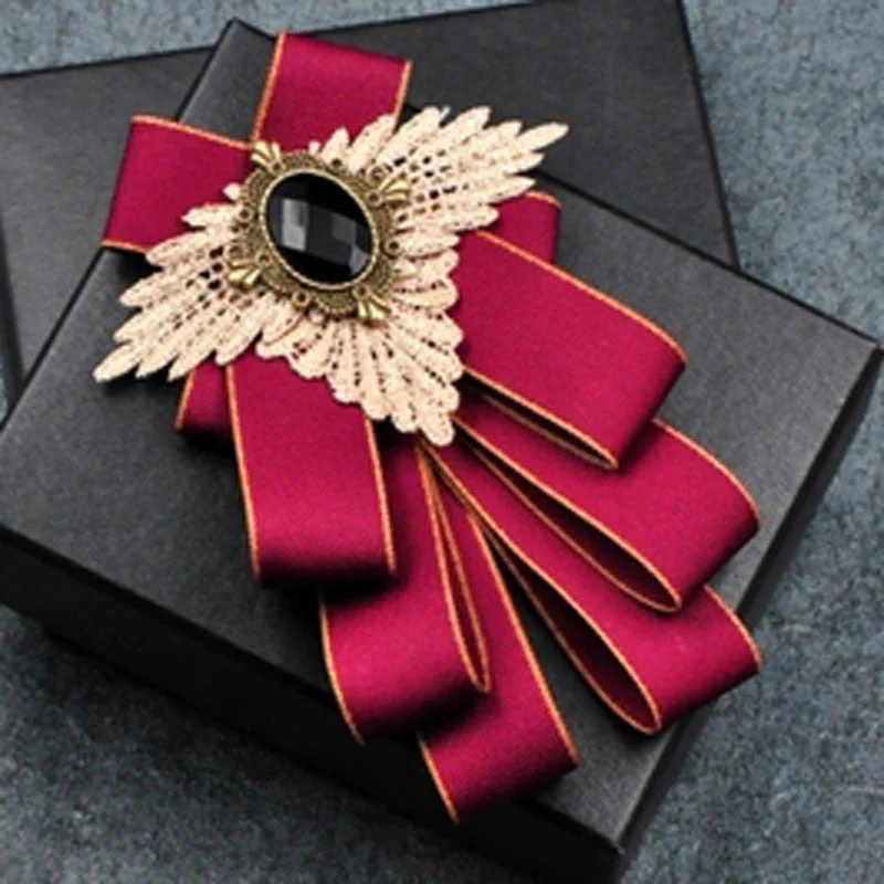 Fashion New Casual Multilayer Bowtie Diamond Brooch Rhinestone Red Bow Tie Brooch Set Wedding Groom Groomsmen Pocket Square Men