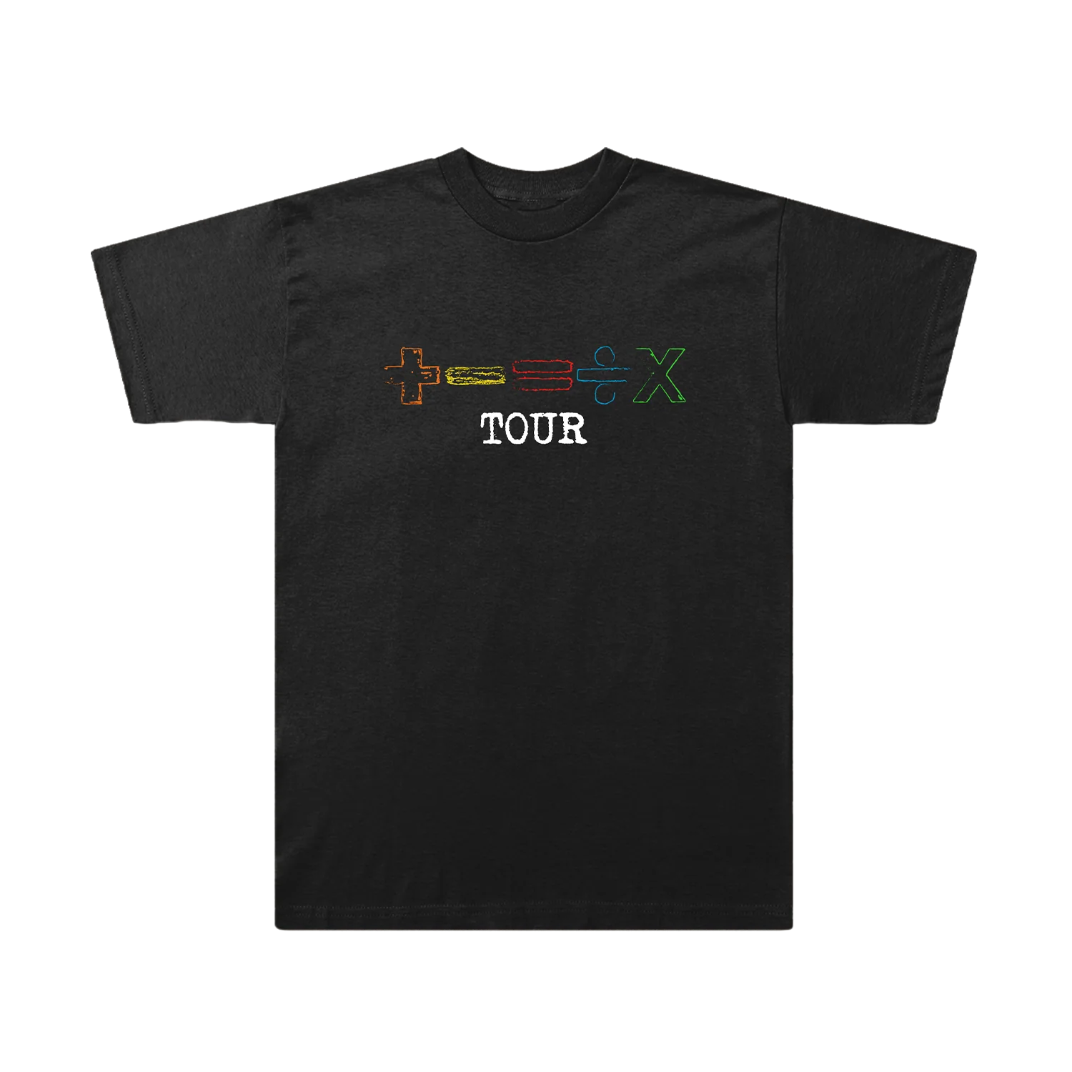 "Ed Sheeran Mathematics Tour black graphic t-shirt with plus minus divide and multiply symbols"