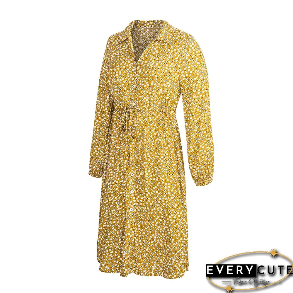 Yellow Floral Print Button Tie Waist Shirt Dress