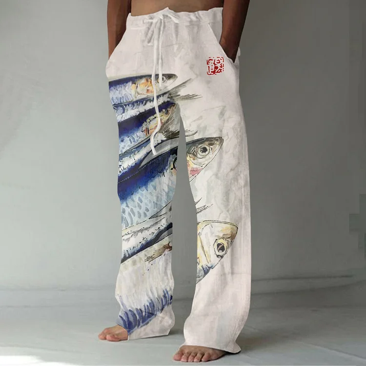 Retro Fish Japanese Art Graphic Linen Blend Casual Pants
