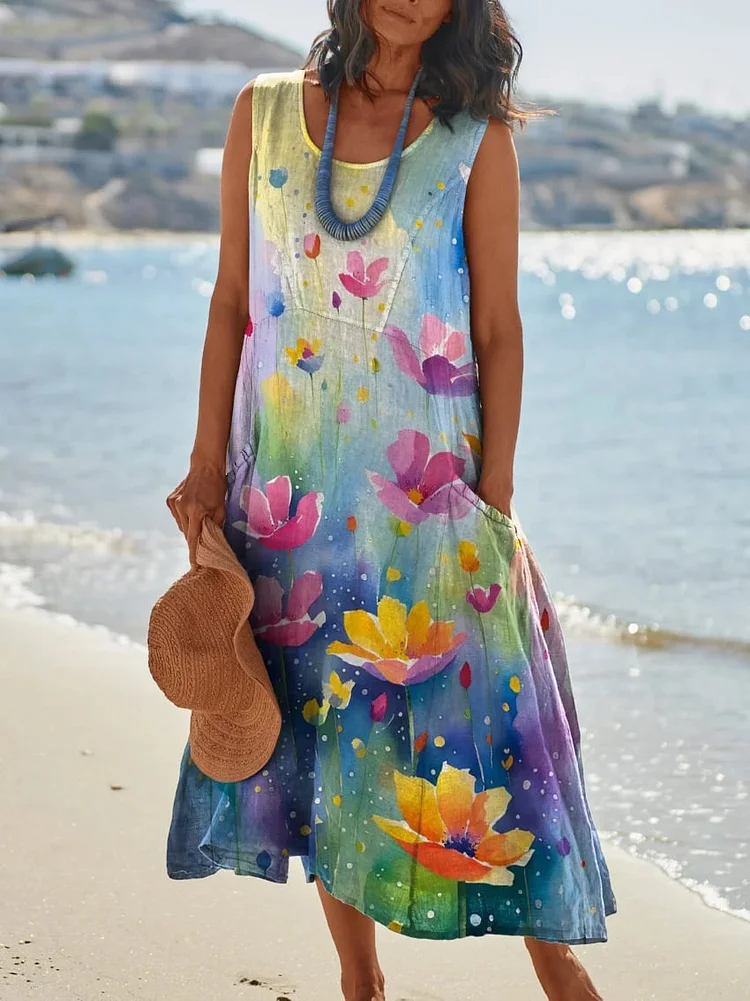 Women's Flowers Watercolor Pocket Pinafore Linen Dress