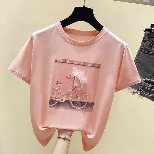 Cotton Women T-shirts Spring Summer New Fashion Cool Print Female Summer T-shirt White Casual T Shirt Femme Pink Loose Top 4767