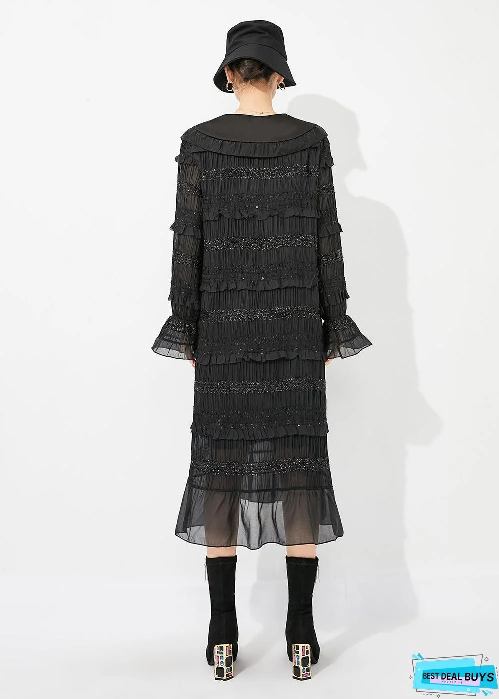 Women Black Peter Pan Collar Ruffled Patchwork Wrinkled Long Dress Spring