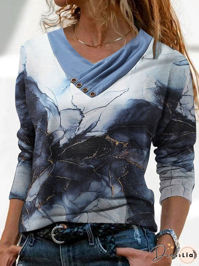 T-Shirts Printed Cross V-Neck Button Long Sleeve T-Shirt for Women