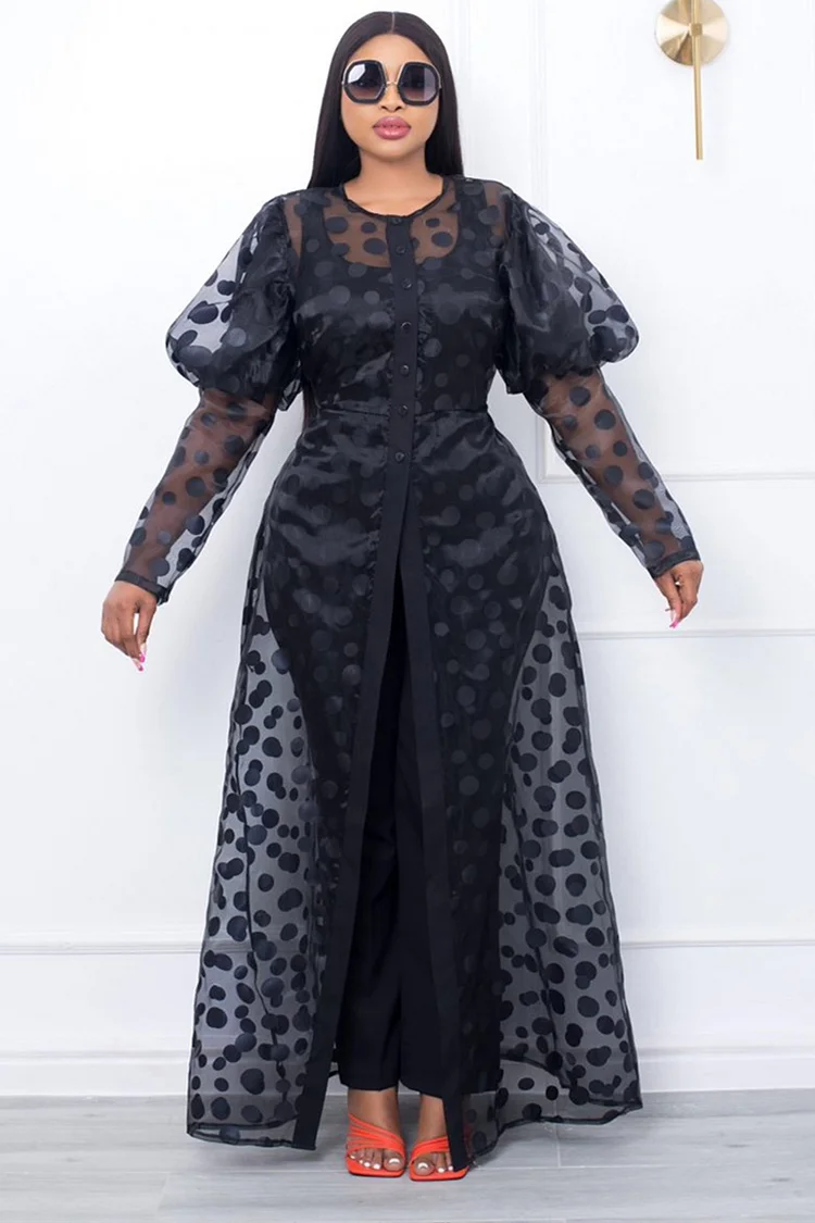 Sheer See Through Button Up Polka Dot Puff Sleeve Cover Up Maxi Dress