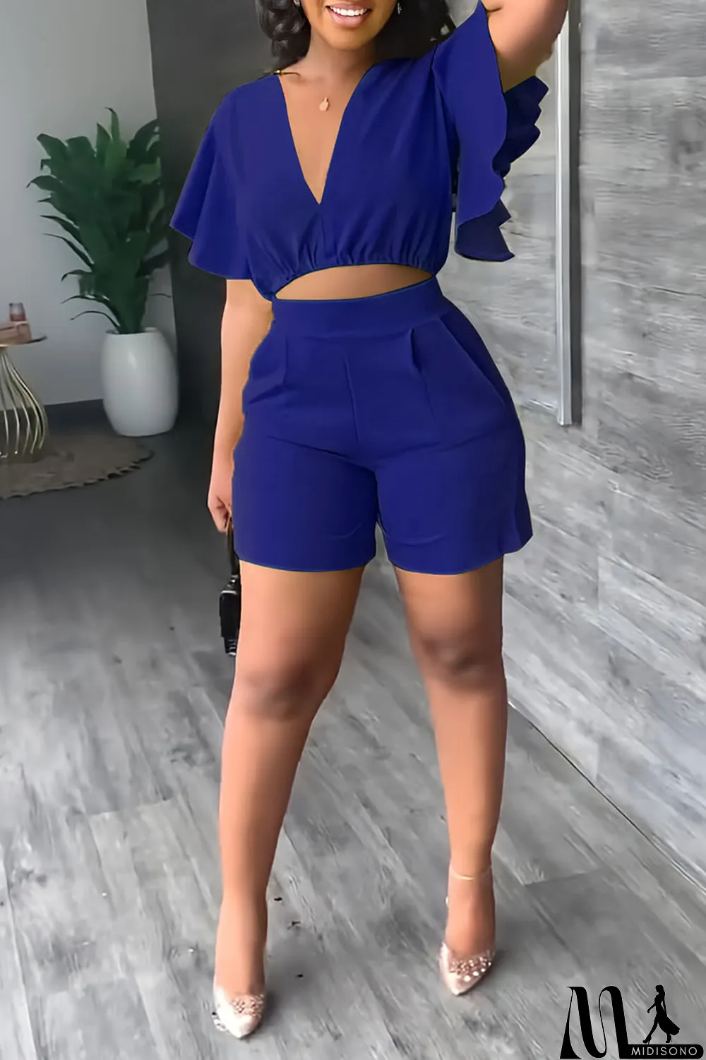 MidiSono - Yellow Casual Solid Patchwork Flounce V Neck Short Sleeve Two Pieces