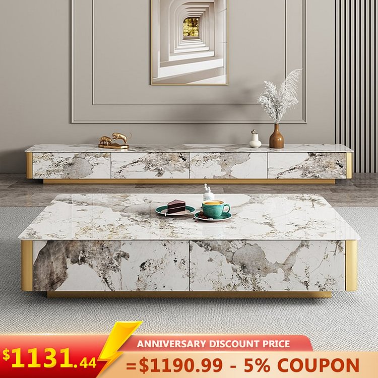 Homemys White Modern Square Coffee Table With Drawer Sintered Stone Table Top With Metal Legs