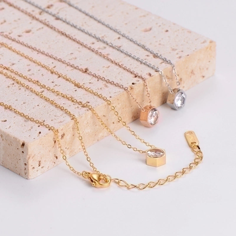 Stainless Steel 18K Gold Plated Rose Gold Plated Princess Wedding Shiny Plating Inlay Hexagon Zircon Pendant Necklace