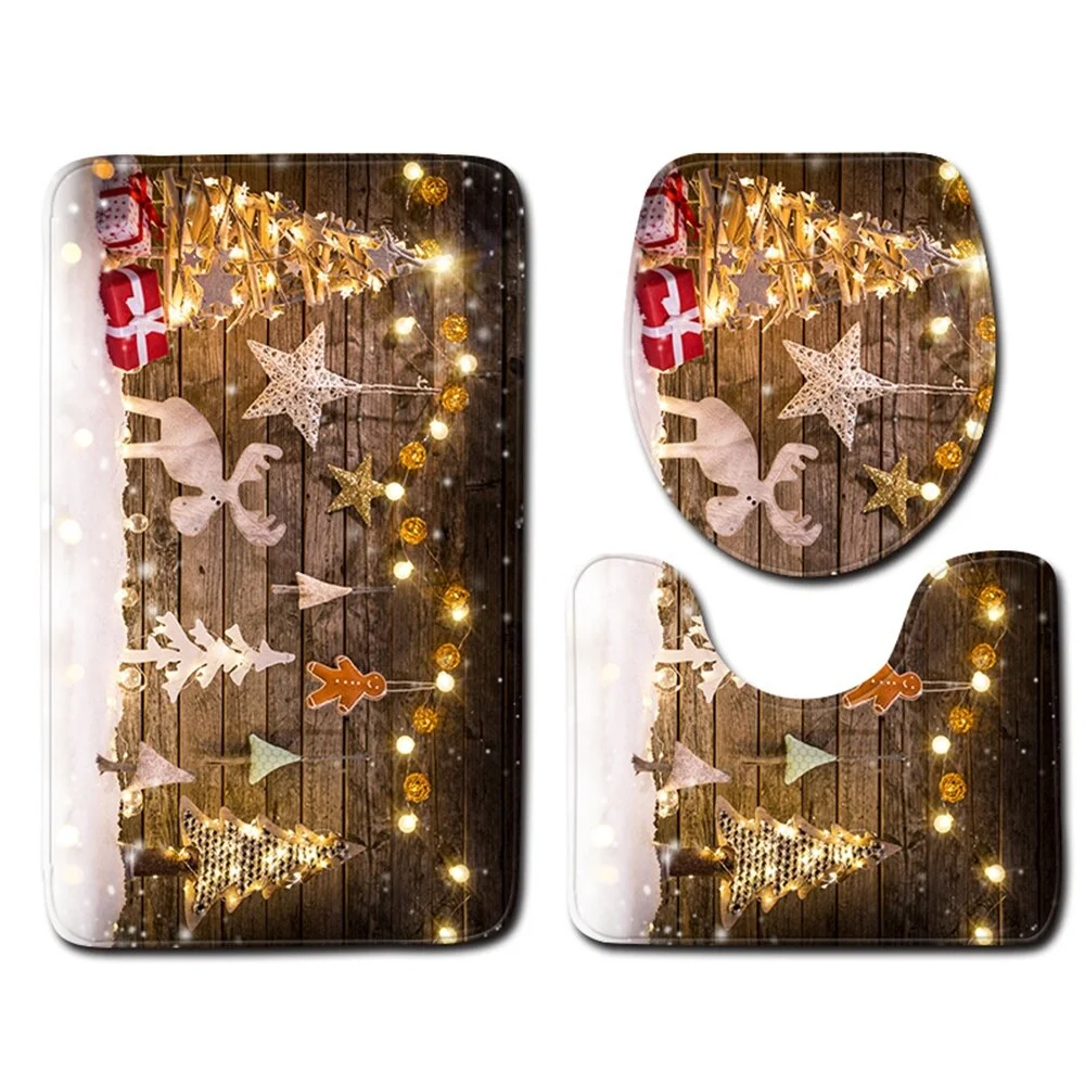 Christmas Toilet seat Cover 3pcs Set Bathroom Mat Home  Absorbent Door mats washroom Decoration Carpet Printing Flannel Rug
