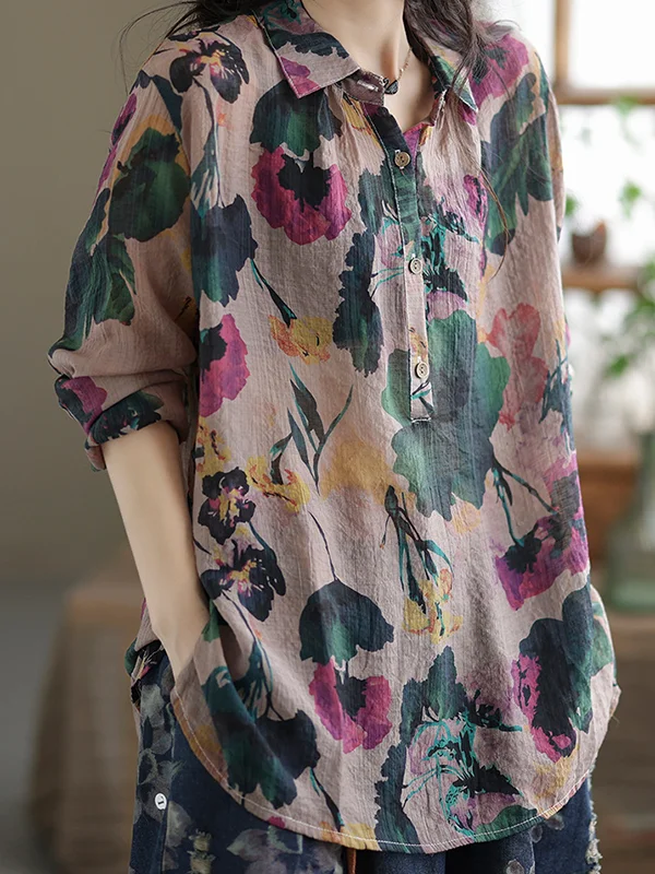 Vintage Long Sleeves Floral Printed Lapel Blouses Top