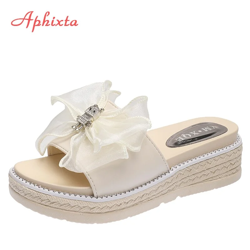 Aphixta 5.5cm Wedges Heel Shoes Women Slides Crystals Butterfly-knot Open Toe Summer Light Women Pltform Slippers Wedge Sandals