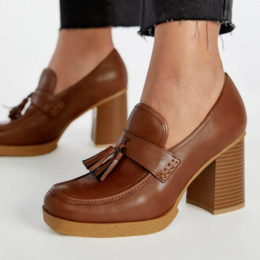 Brown Round Toe Tassels Chunky Heel Office Loafer Shoes Women