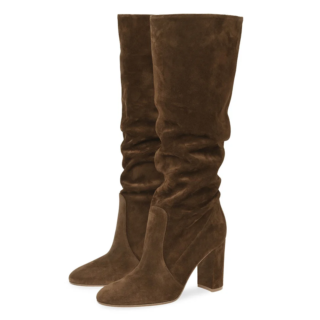 Brown Vegan Suede Round Toe Knee High Slouch Boots with Chunky Heel