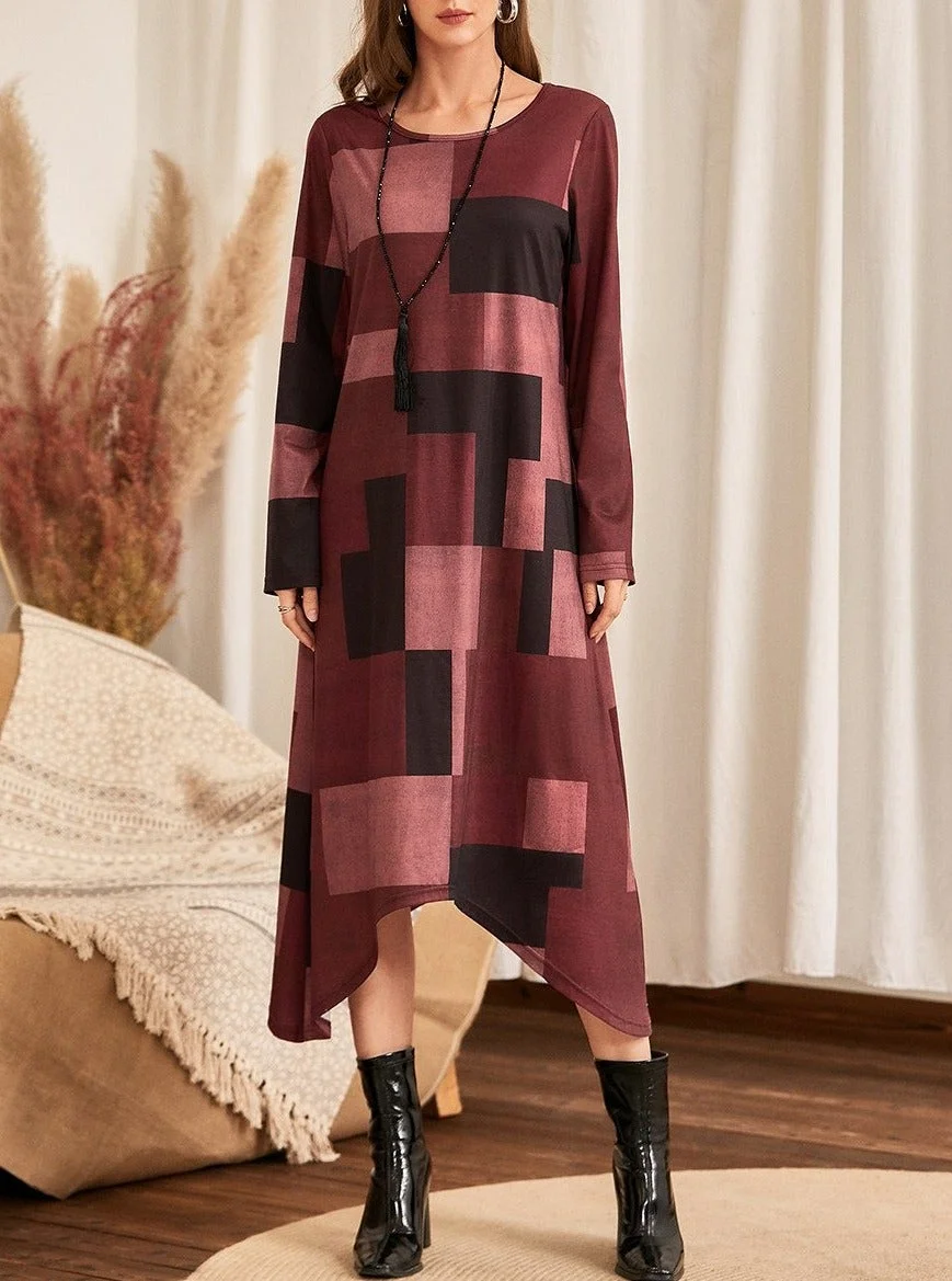 Geometric Print Knitted Irregular Hem Casual Loose Round Neck Dress | EGEMISS