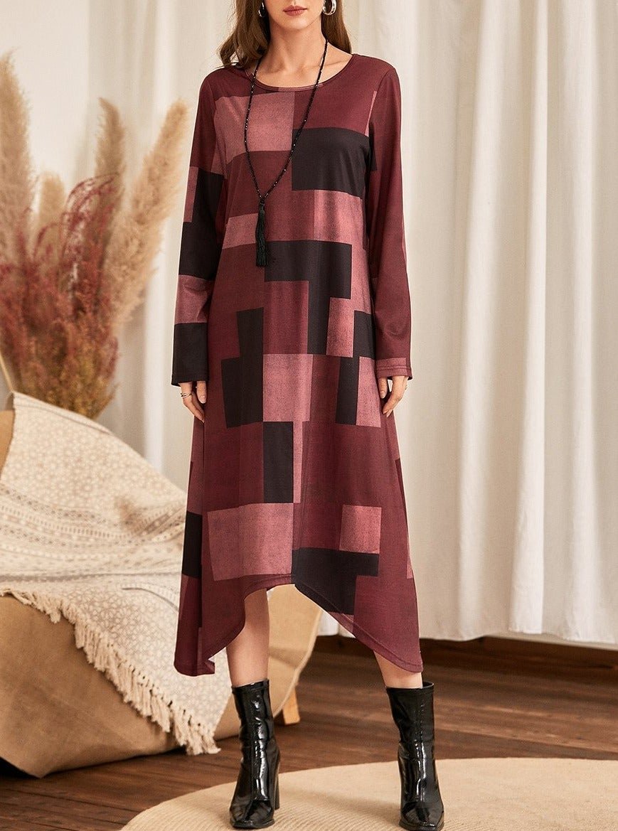 Geometric Print Knitted Irregular Hem Casual Loose Round Neck Dress | EGEMISS