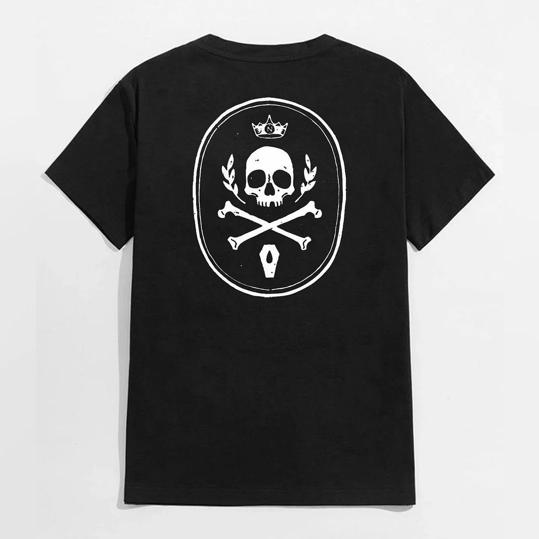 Skull with Crown Cross Bone Casual Graphic Black Print T-shirt