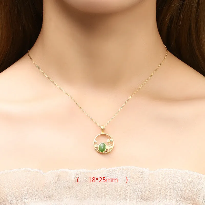 925 Sterling Silver White Jade Cyan Jade Lotus Flower Leaf Success Necklace Pendant