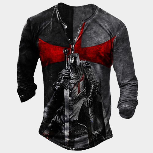 Men's Vintage Templar Print Henley Shirt-Compassnice®
