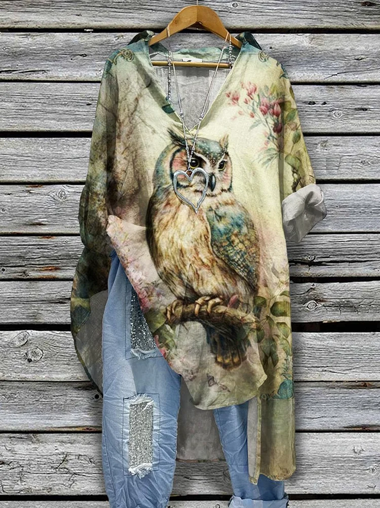 Women's Vintage Owl Flower Pattern Print Casual Cotton And Linen Shirtdress