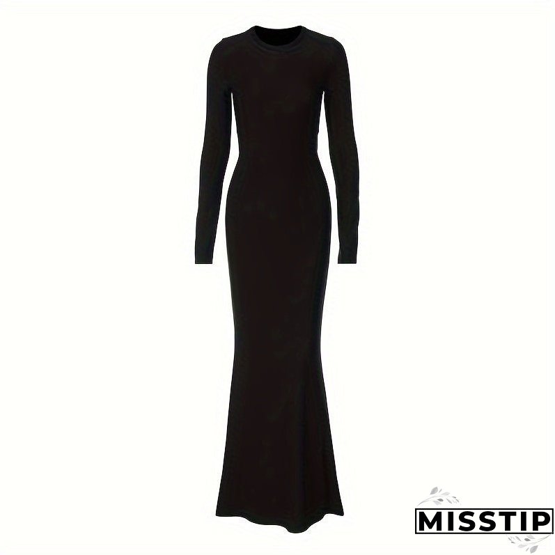 Slim Solid Color Dress, Elegant Long Sleeve Dress For Spring & Fall, Women's Clothing