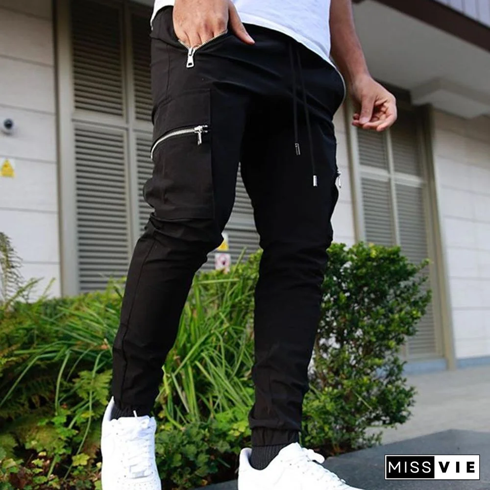 Sports And Leisure Zipper Multi-Pocket Trousers Men's Fitness Running Training Pants