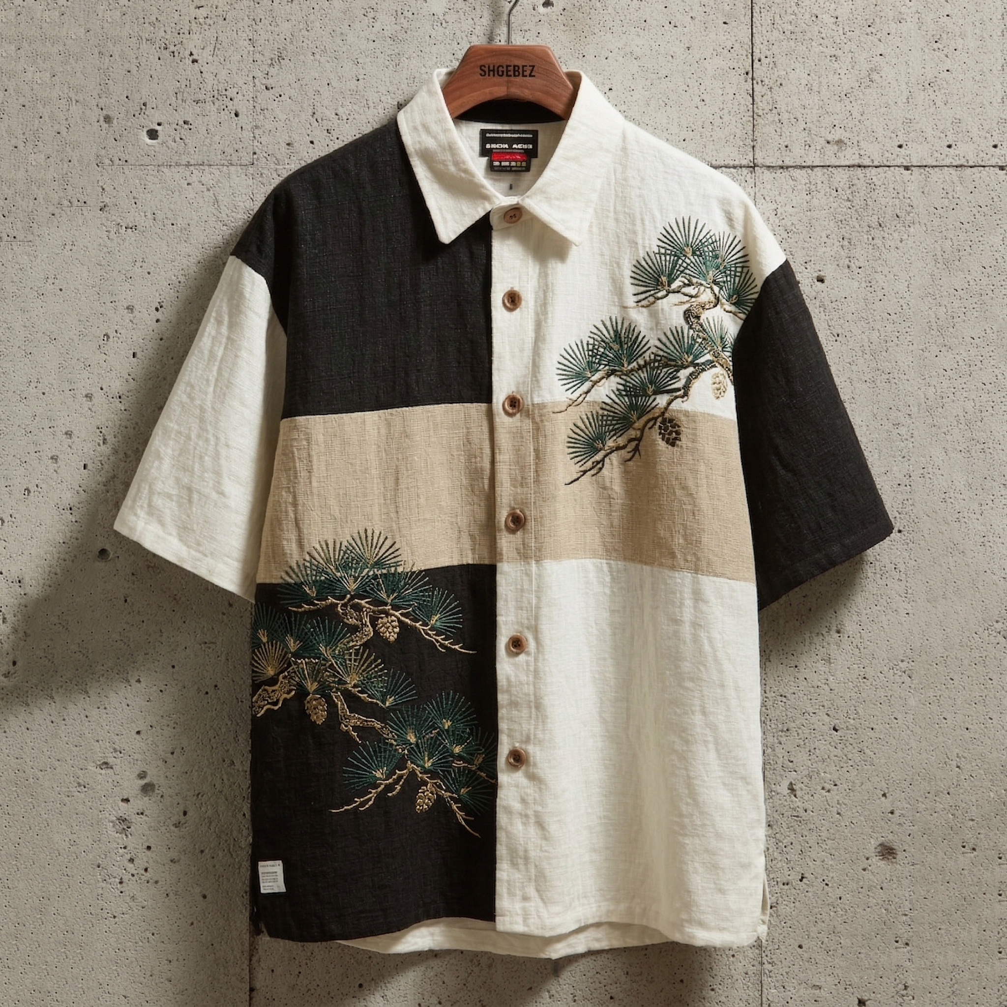 Men's Vintage Japanese Pine Color Block Design Short Sleeve Shirt elevenforest
