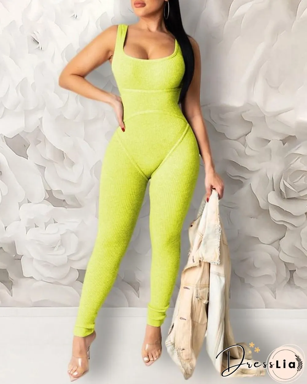 Solid U-neck Thick Strap Jumpsuit P15328