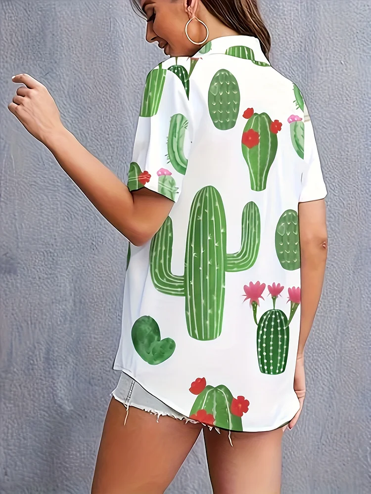 Women's Casual Short Sleeve Lapel Shirt With Vibrant Cactus Print - Breathable Machine-Washable Fabric, Button Front & Regular Fit For Spring/Summer Outfits, Summer Fashion, Collared Top, Easy Care Clothing, Everyday Top, Printed Blouse, Durable Fabric