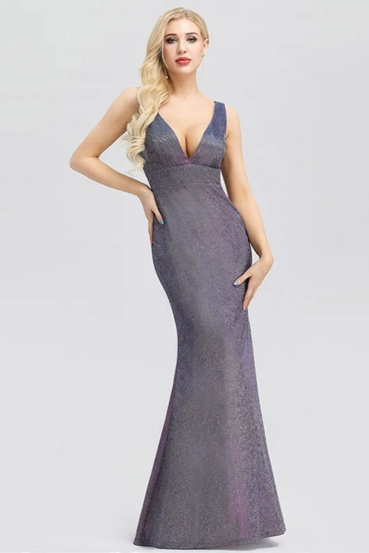 Chic V-Neck Sleeveless Prom Dress Long Mermaid Sequins Evening Gowns - lulusllly