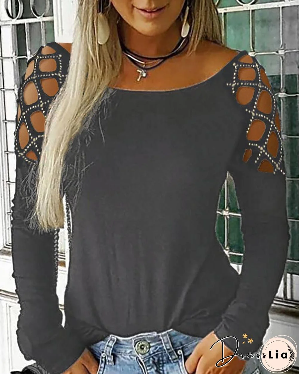 Studded Cutout Long Sleeve Casual Top P15627