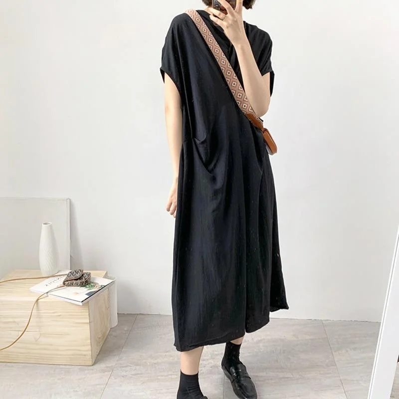 ABEBEY Loose Black Ruched Dress For Women Stand Collar Short Sleeve Casual Midi Dresses Female Fashion New Clothing 2023