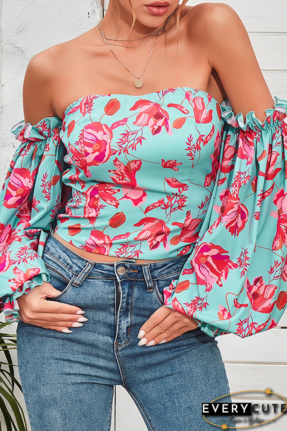 Elegant Floral Split Joint Off The Shoulder Tops