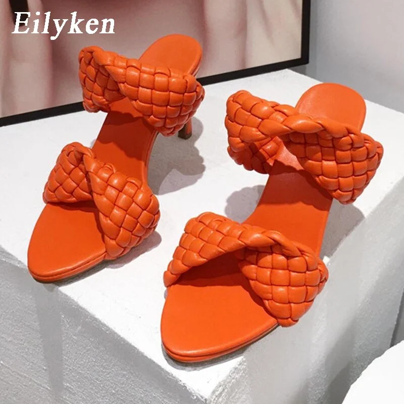Eilyken Fashion Woman Handmade Weave Knitted Slippers Lady Crossover Open Toe Thin Heels Party Sandals White Black Blue size 42