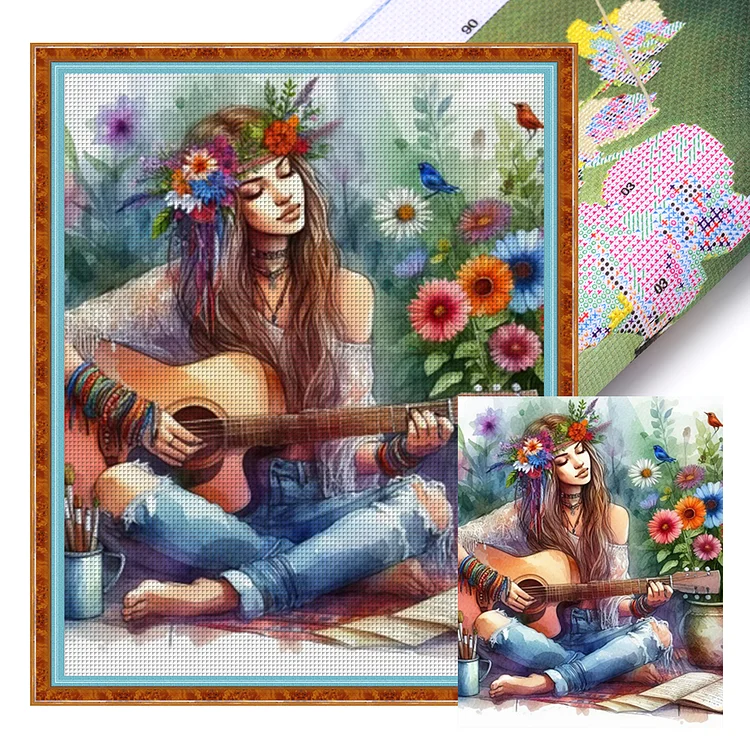 Girl Playing Guitar (40*50cm) 11CT Stamped Cross Stitch gbfke