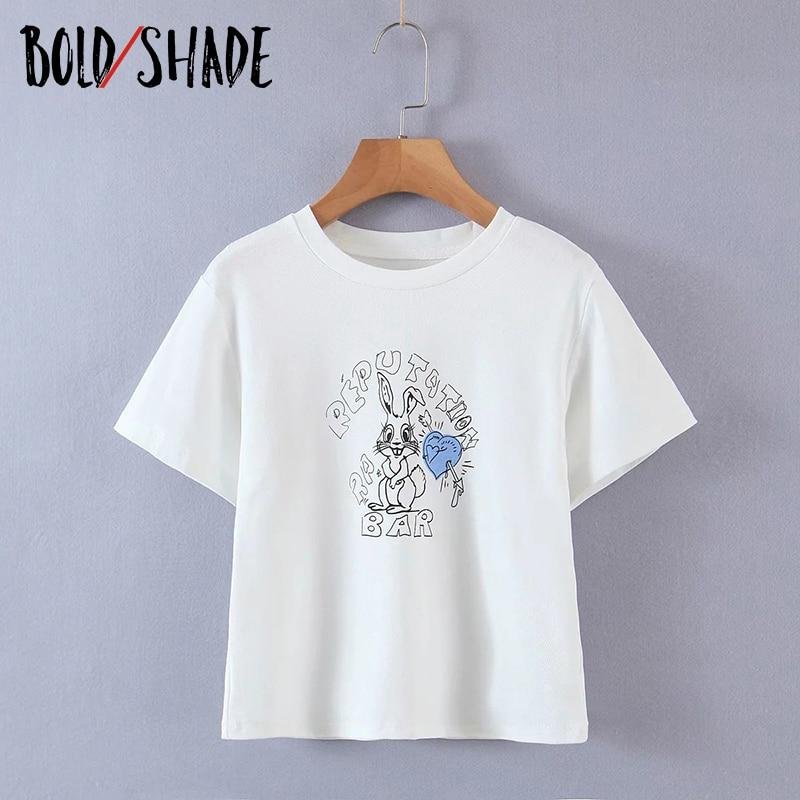 Bold Shade Grunge Street Style T-shirts Heart Print Letter Short Sleeve Women White Tee Shirts Urban Vintage Fashion Summer Tee