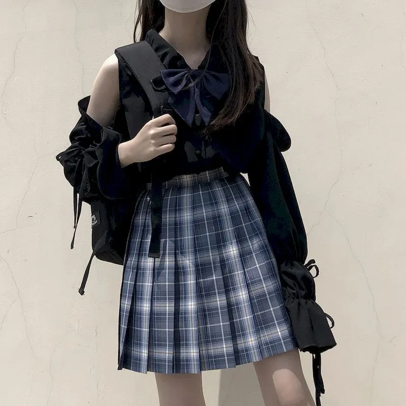 NiceMix harajuku blouse and plaid skirts 2 piece set women clothes tracksuit summer  preppy clothe loose two pieces set