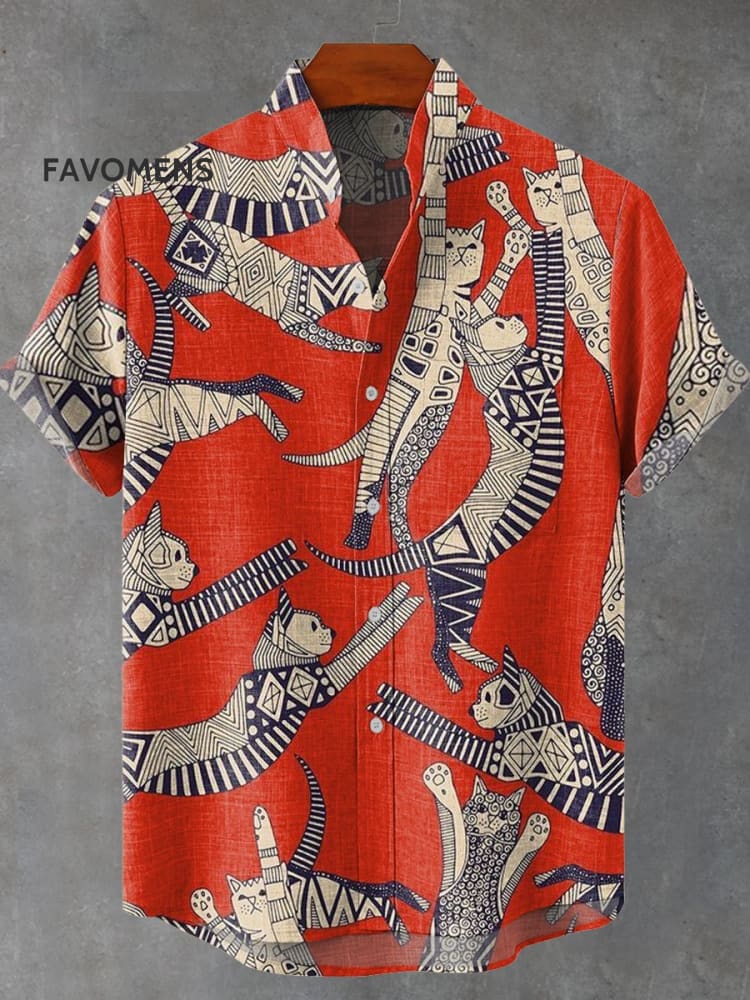 Abstract Cat Animal Vintage Print Casual 100% Cotton Shirt Multicolor / S