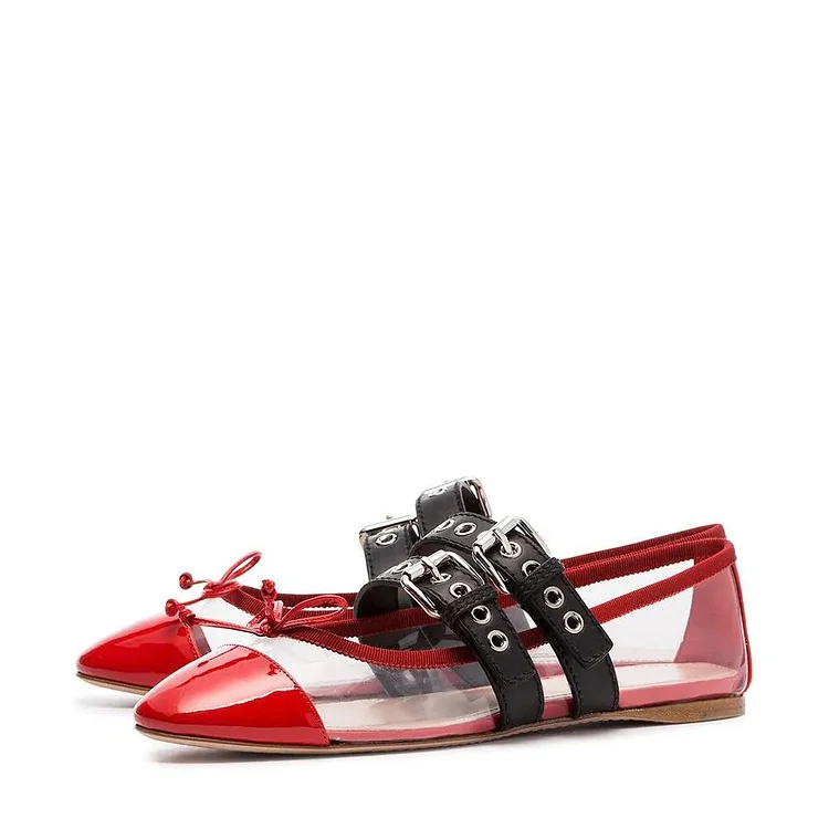 Red Patent Leather transparent PVC Comfortable Flats with Buckles |FSJ Shoes