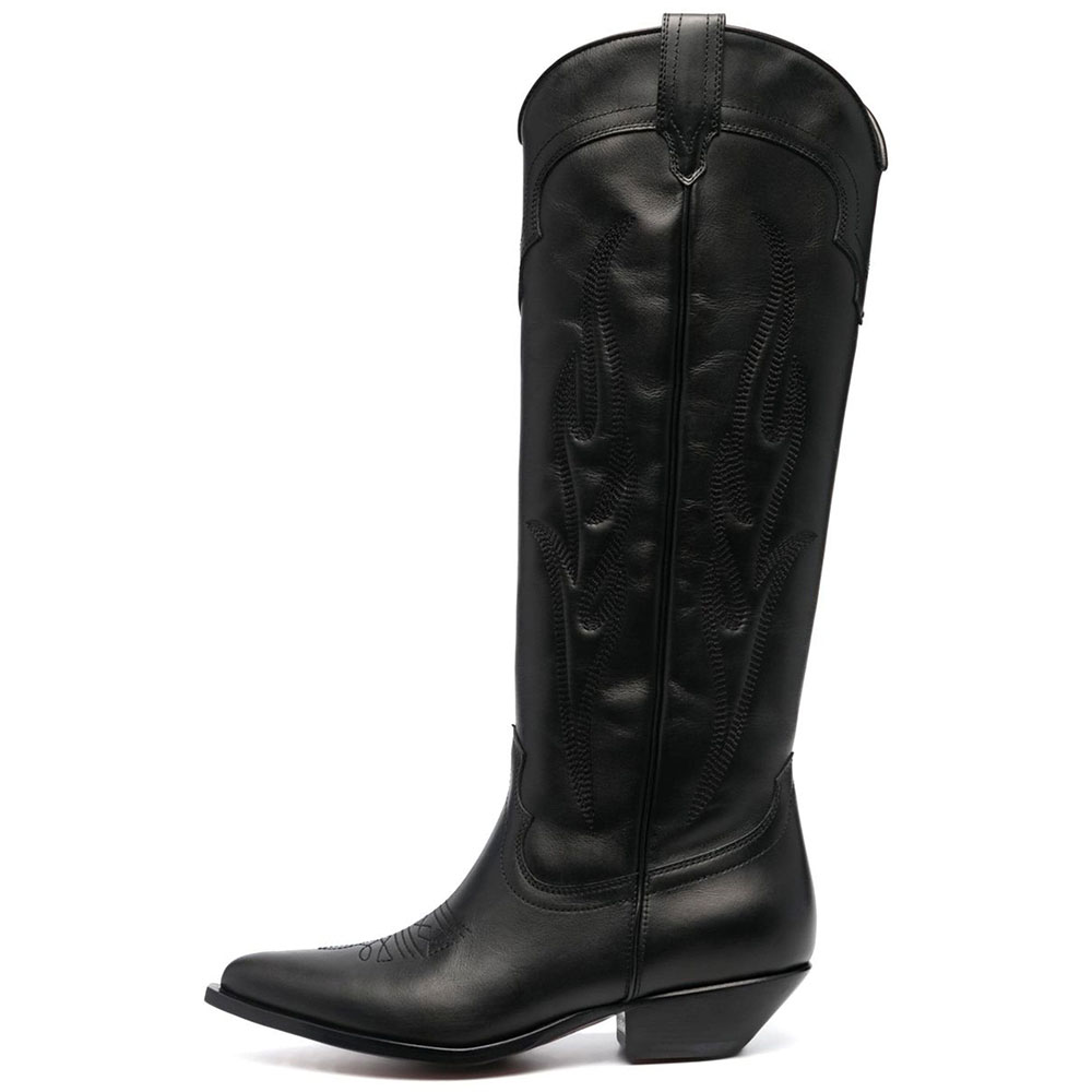Black Pointed Toe Embroidered Detail Low Heel Knee Cowgirl Boots