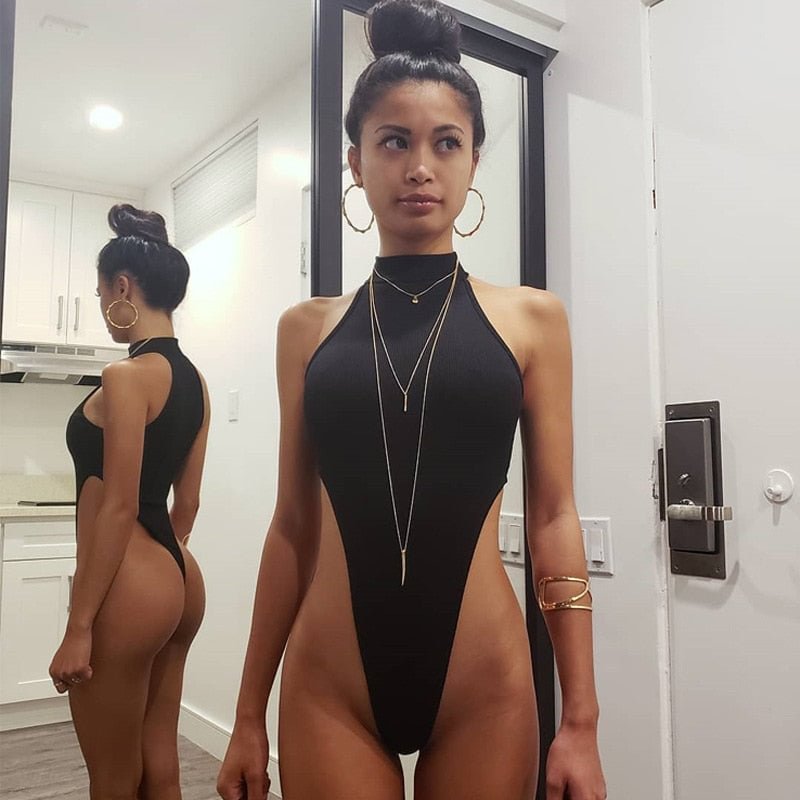 Sexy High Leg Thong Bodysuit Women 2020 Summer New Ribbed Knit Sleeveless Body Outfits Cut Out Neon Solid Fashion Streetwear 515